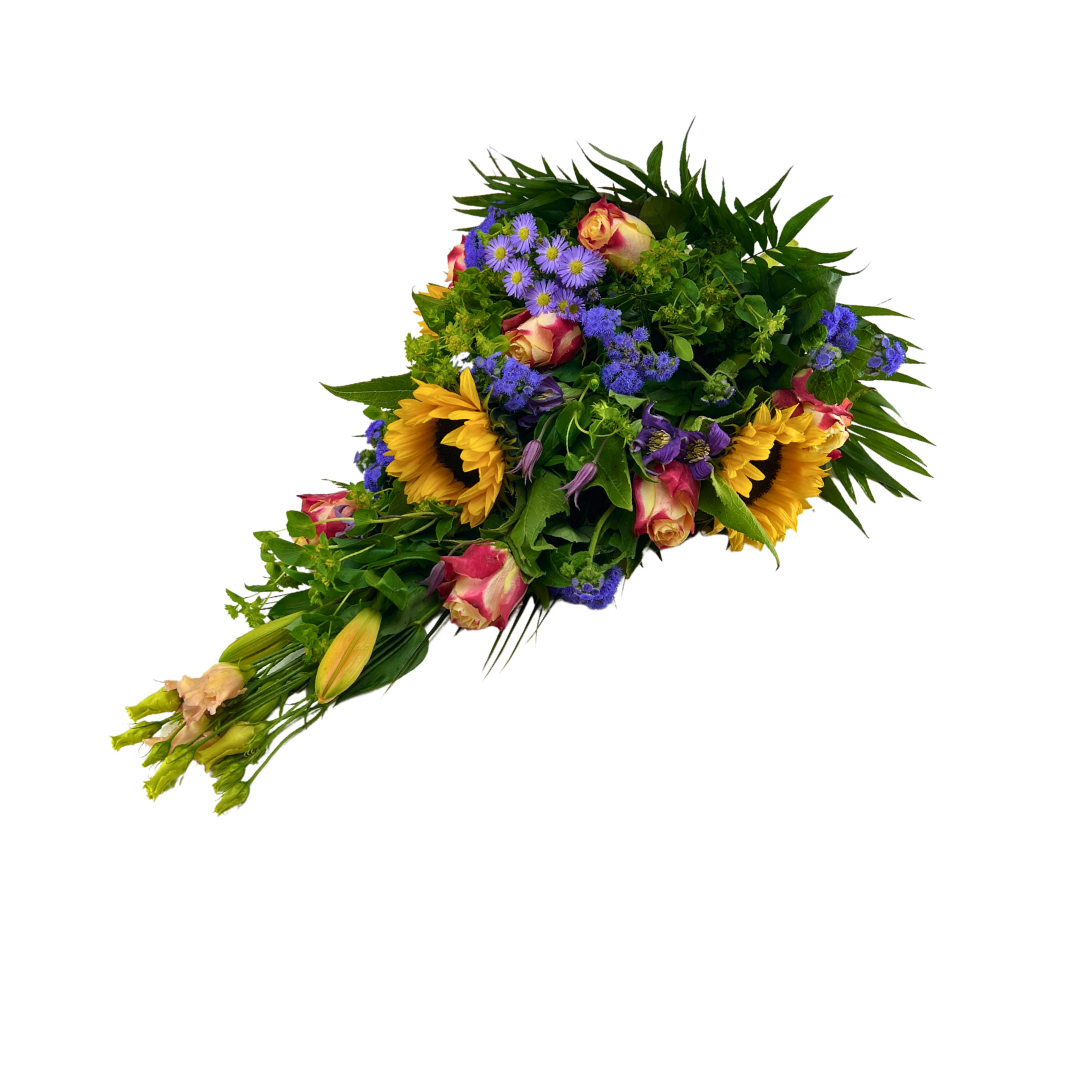 Solsikke Bårebuket med solsikker, roser og lisianthus