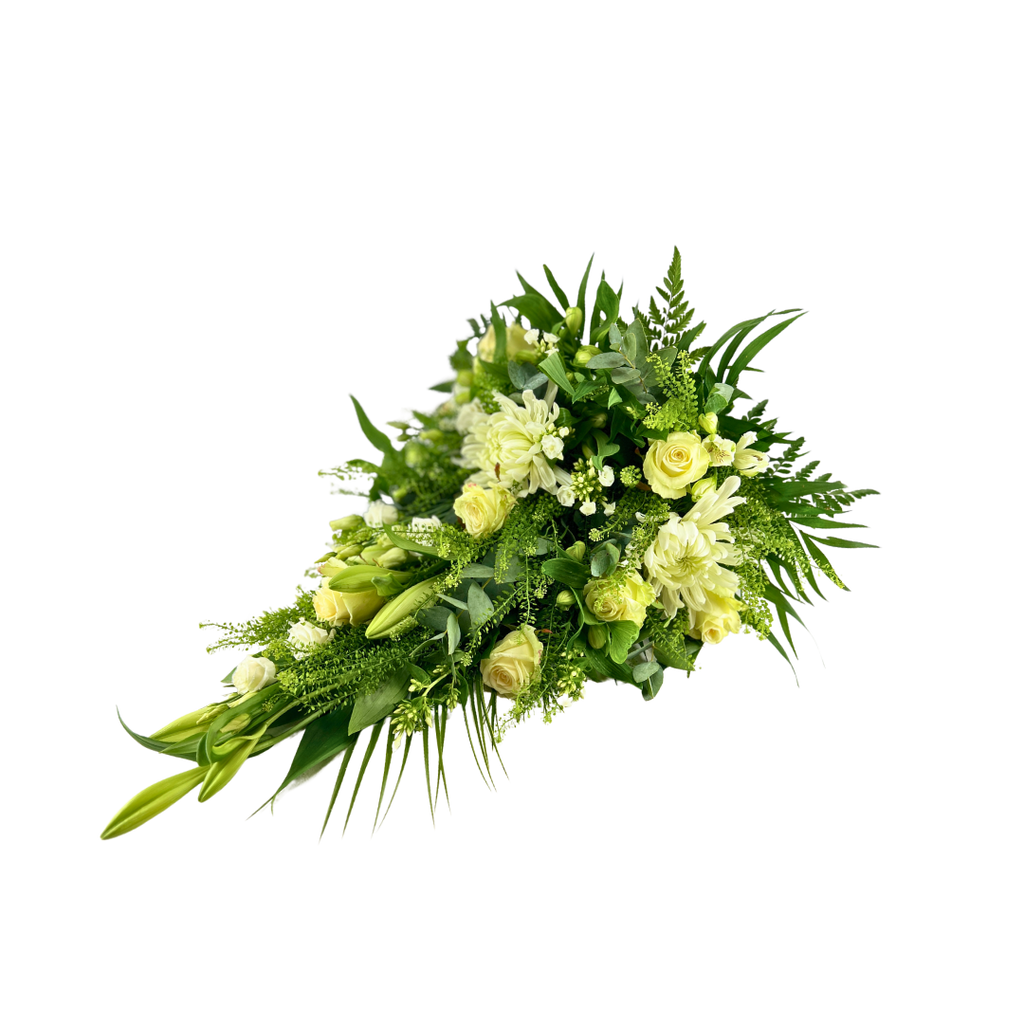 Hvid Bårebuket med hvide roser, krysantemum og lisianthus