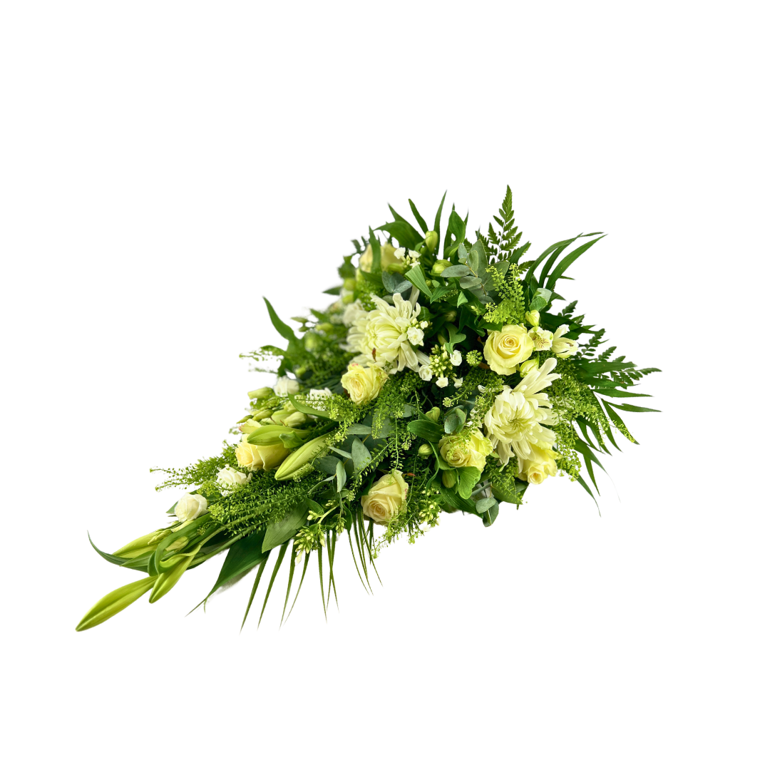 Hvid Bårebuket med hvide roser, krysantemum og lisianthus