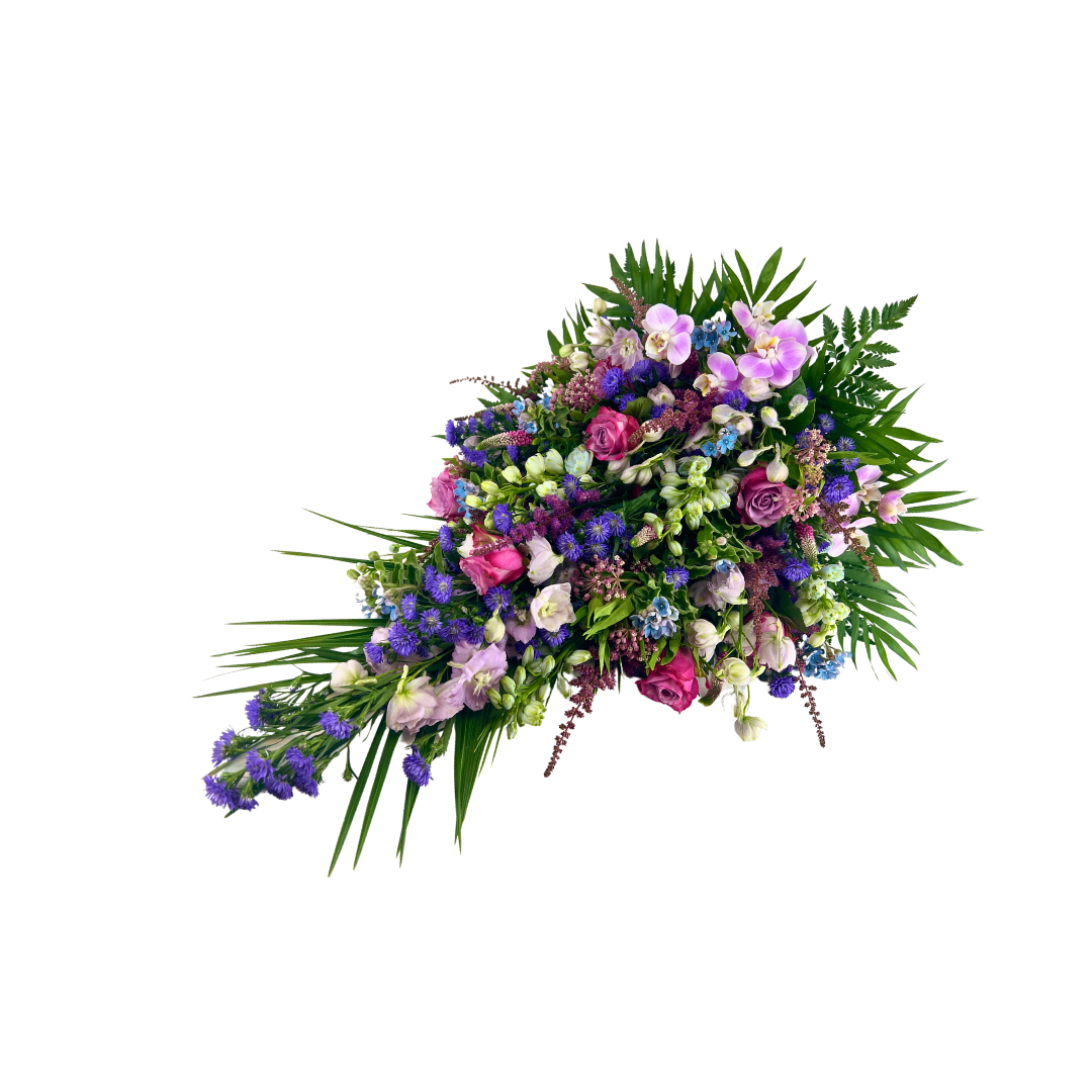Rosa og Lilla Bårebuket med orkideer, roser og lisianthus