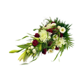 Hvid og Rød Bårebuket med roser, gerbera og liljer