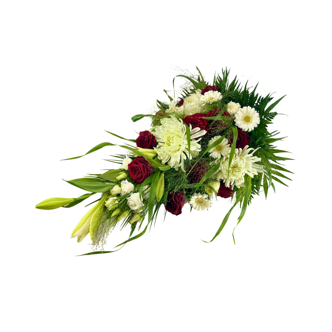 Hvid og Rød Bårebuket med roser, gerbera og liljer