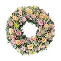 Pastel Rosekrans - begravelseskrans med pastelfarvede roser og brudeslør