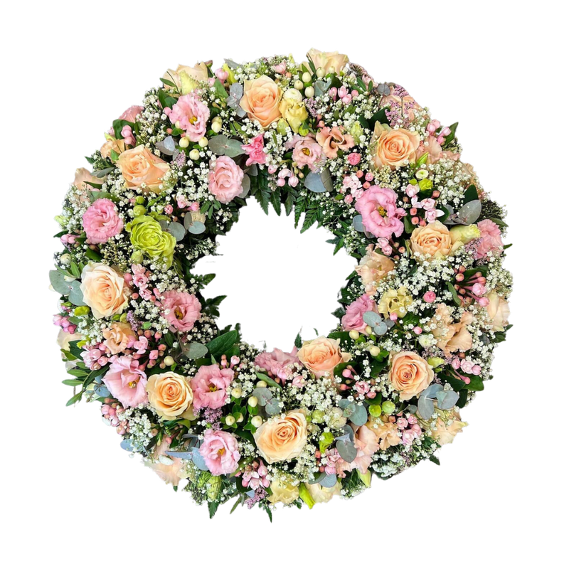 Pastel Rosekrans - begravelseskrans med pastelfarvede roser og brudeslør