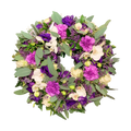 Lilla og Hvid Mindekrans - begravelseskrans med lilla og creme-hvide blomster