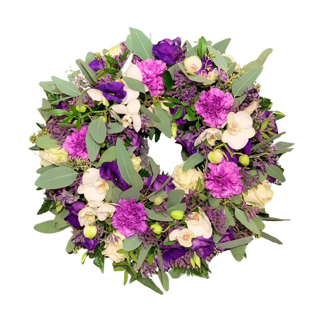 Lilla og Hvid Mindekrans - begravelseskrans med lilla og creme-hvide blomster