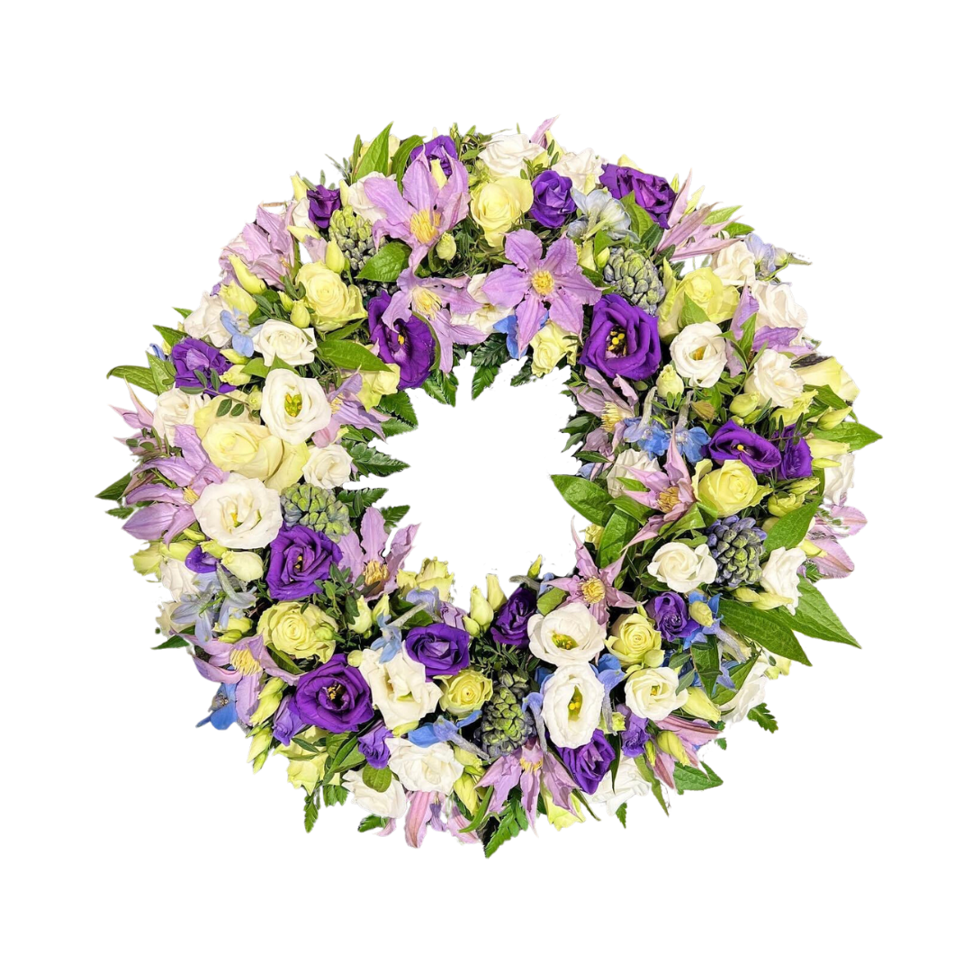 Lavendel og Hvid Krans - begravelseskrans med lavendel-lilla og hvide blomster