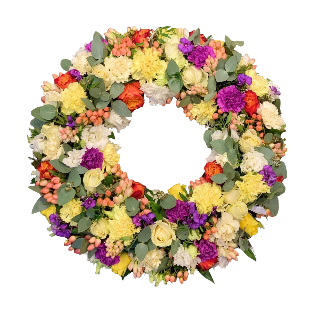Farverig Sommerkrans - begravelseskrans med gule, orange, lilla og hvide blomster