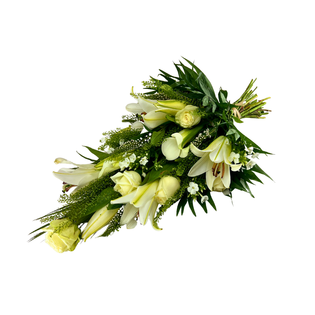Hvid Elegance Bårebuket med hvide roser og liljer