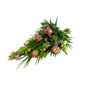 Rosa og Hvid Bårebuket med roser, lisianthus og løvemund