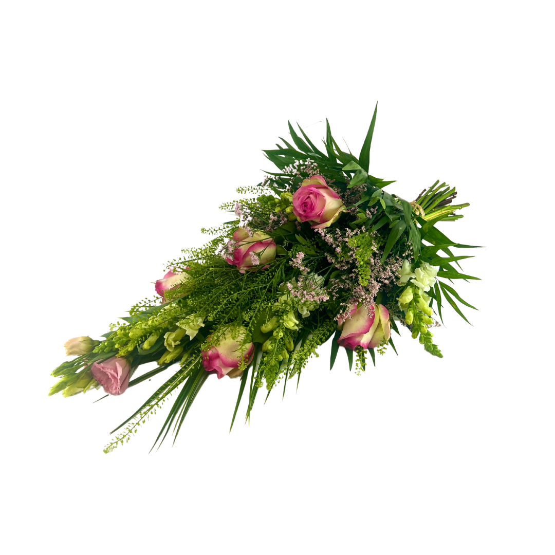 Rosa og Hvid Bårebuket med roser, lisianthus og løvemund