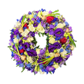 Lilla og Blå Krans - begravelseskrans med lilla og blå blomster