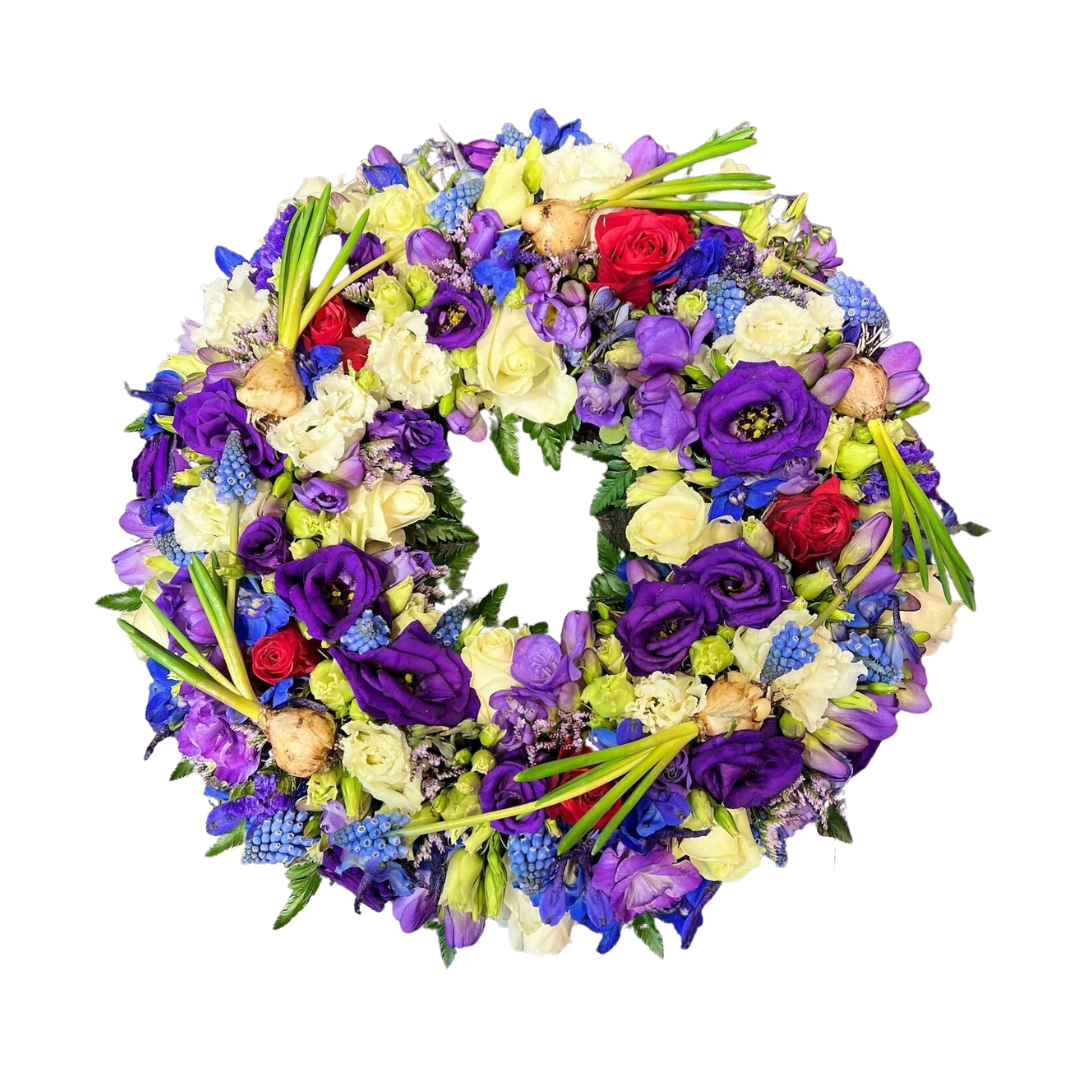 Lilla og Blå Krans - begravelseskrans med lilla og blå blomster