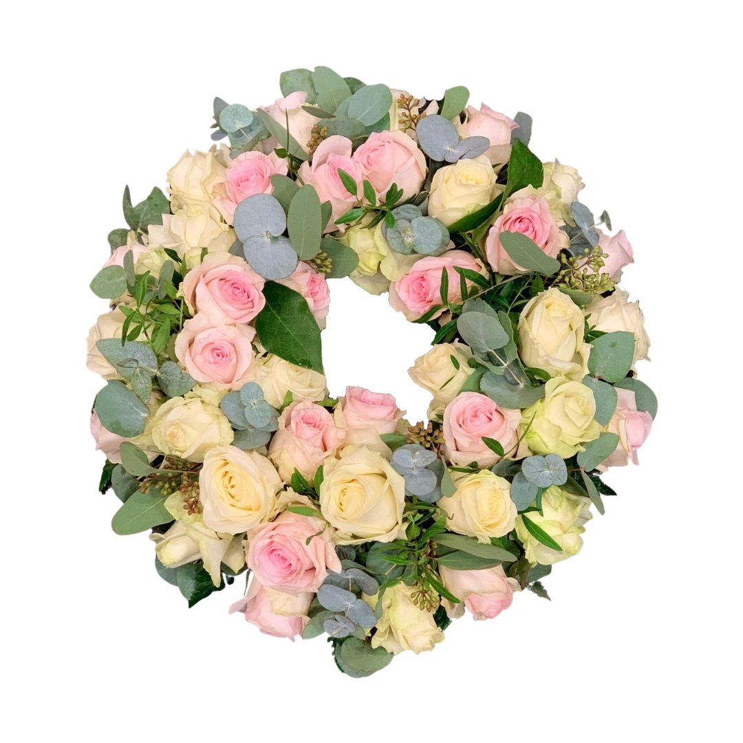 Rosa og Hvid Rosekrans - begravelseskrans med rosa og hvide roser
