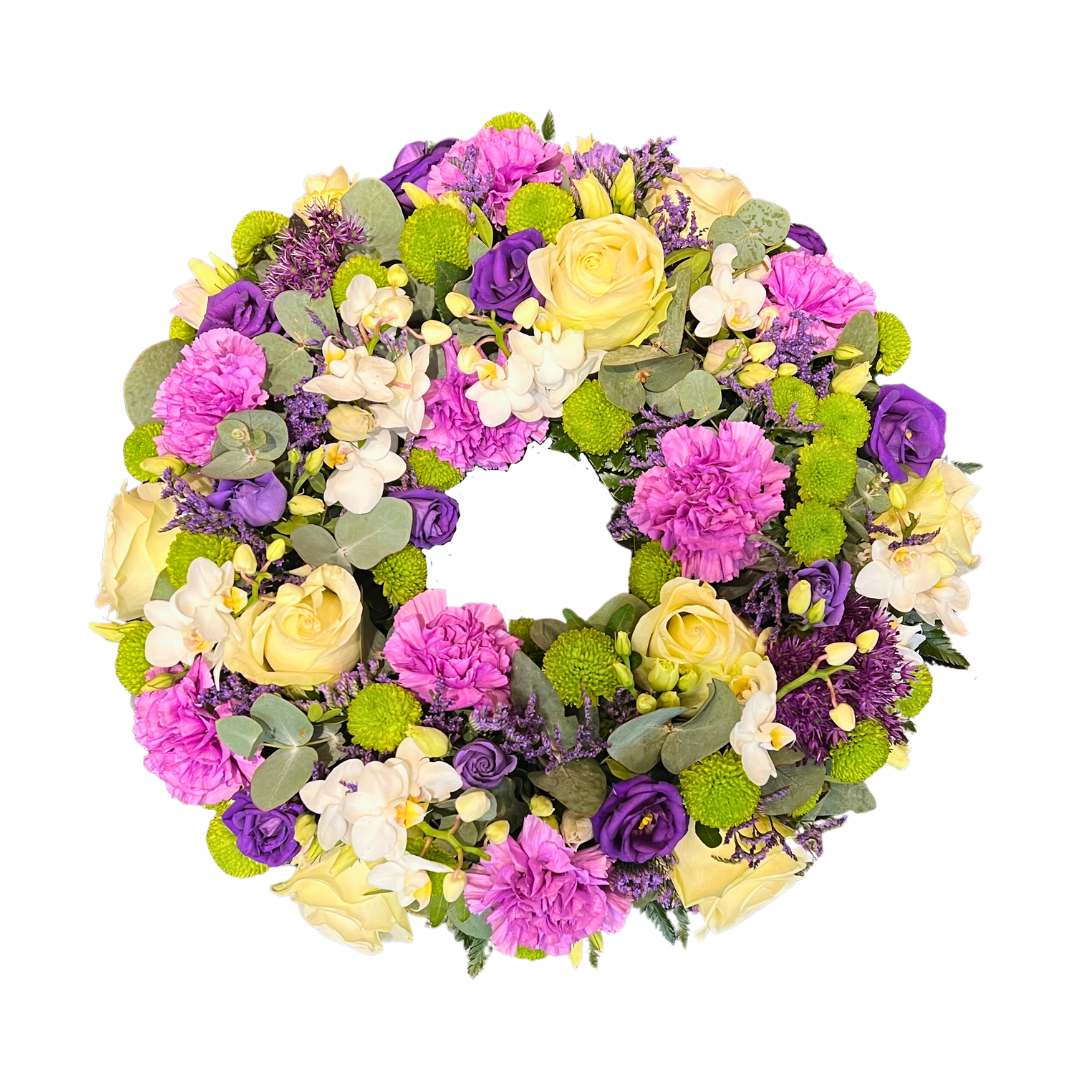 Rosa og Gul Mindekrans - begravelseskrans med rosa og gule blomster