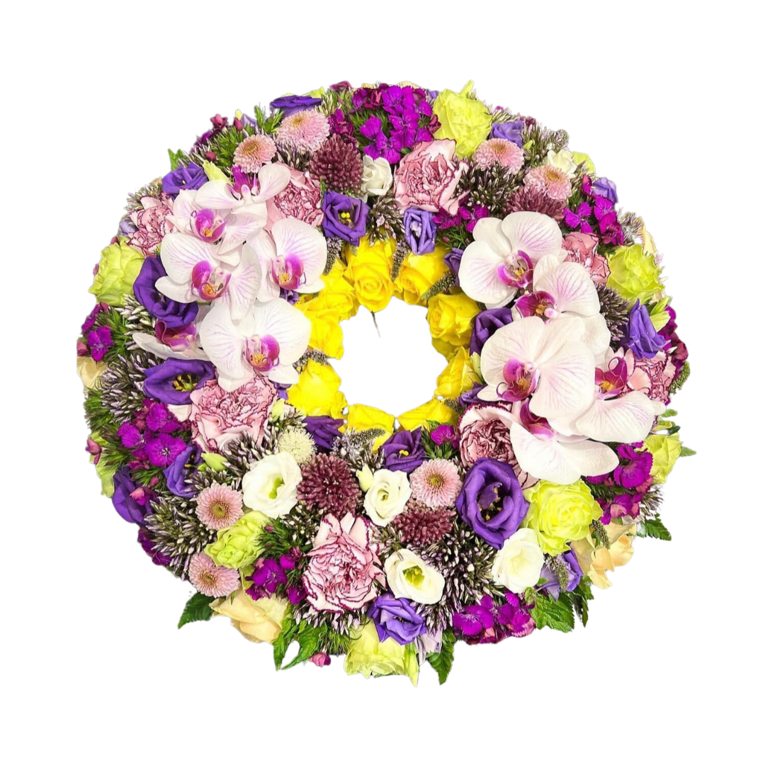 Lilla Orkidekrans - begravelseskrans med orkideer og lilla blomster