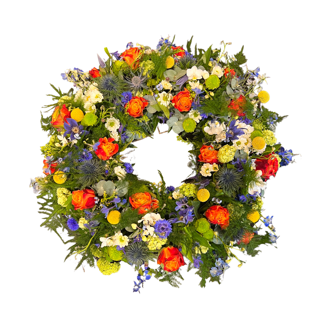 Vildblomster Mindekrans - begravelseskrans med blandede vildblomster