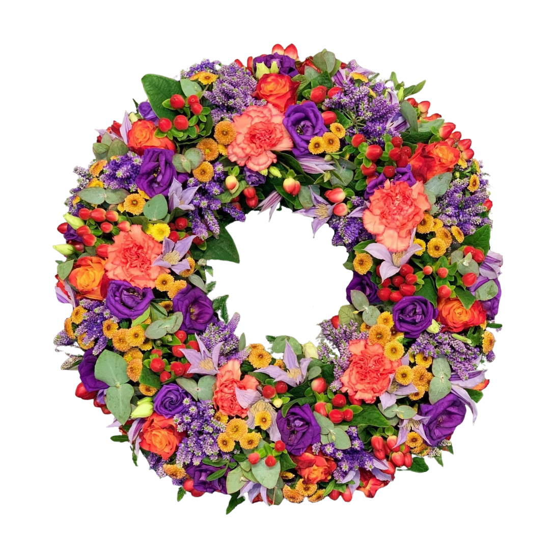 Farverig Mindekrans - begravelseskrans med orange, lilla, gule og røde blomster