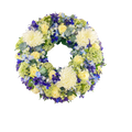 Hvid og Blå Rundkrans - begravelseskrans med hvide og blå blomster